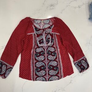 Boho Paisley Blouse L Red‎ Peasant Top Festival Long Sleeve Vintage Indie Style